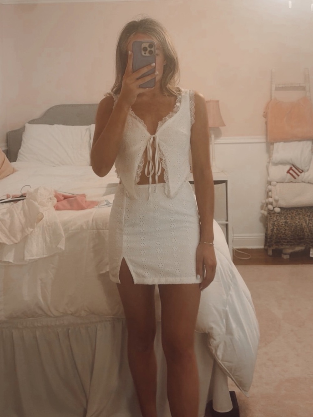 White Eyelet Tie-Front Crop Top & Mini Skirt Set